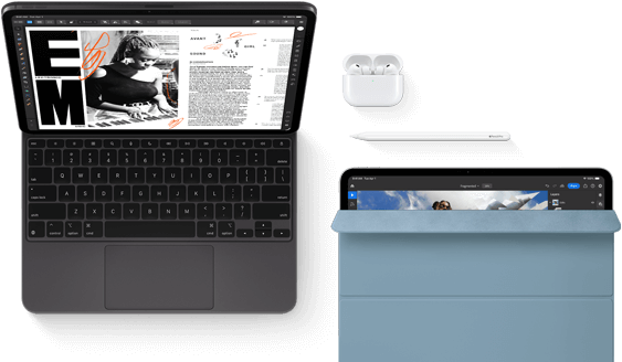 Asztrofekete iPad Pro szemből, Magic Keyboardhoz csatlakoztatva nyitott helyzetben, lekerekített sarkokkal, fekete
      kijelzőkerettel, a kijelzőn cikkszerkesztő alkalmazás jelenik meg szöveggel és egy zenét játszó nőről készült fotóval. Airpods
      4 nyitott tokban. iPad Pro kék Smart Folio kijelzővédővel, valamint a tetején Apple Pencil Próval, a kijelzővédő részlegesen
      fel van nyitva, mutatva a kijelzőt